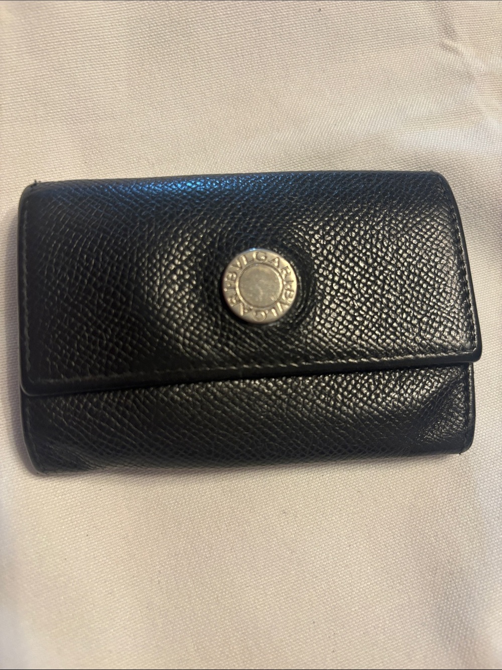 Bulgari Black Leather Key & Card Holder with Silver Tone Logo Button - Picture 15 of 16